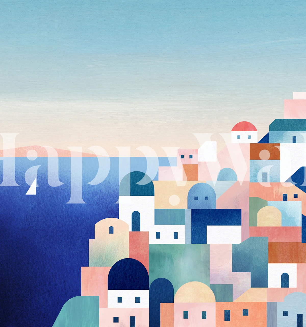 Minimalist Santorini cityscape with colorful houses and blue sea wallpaper