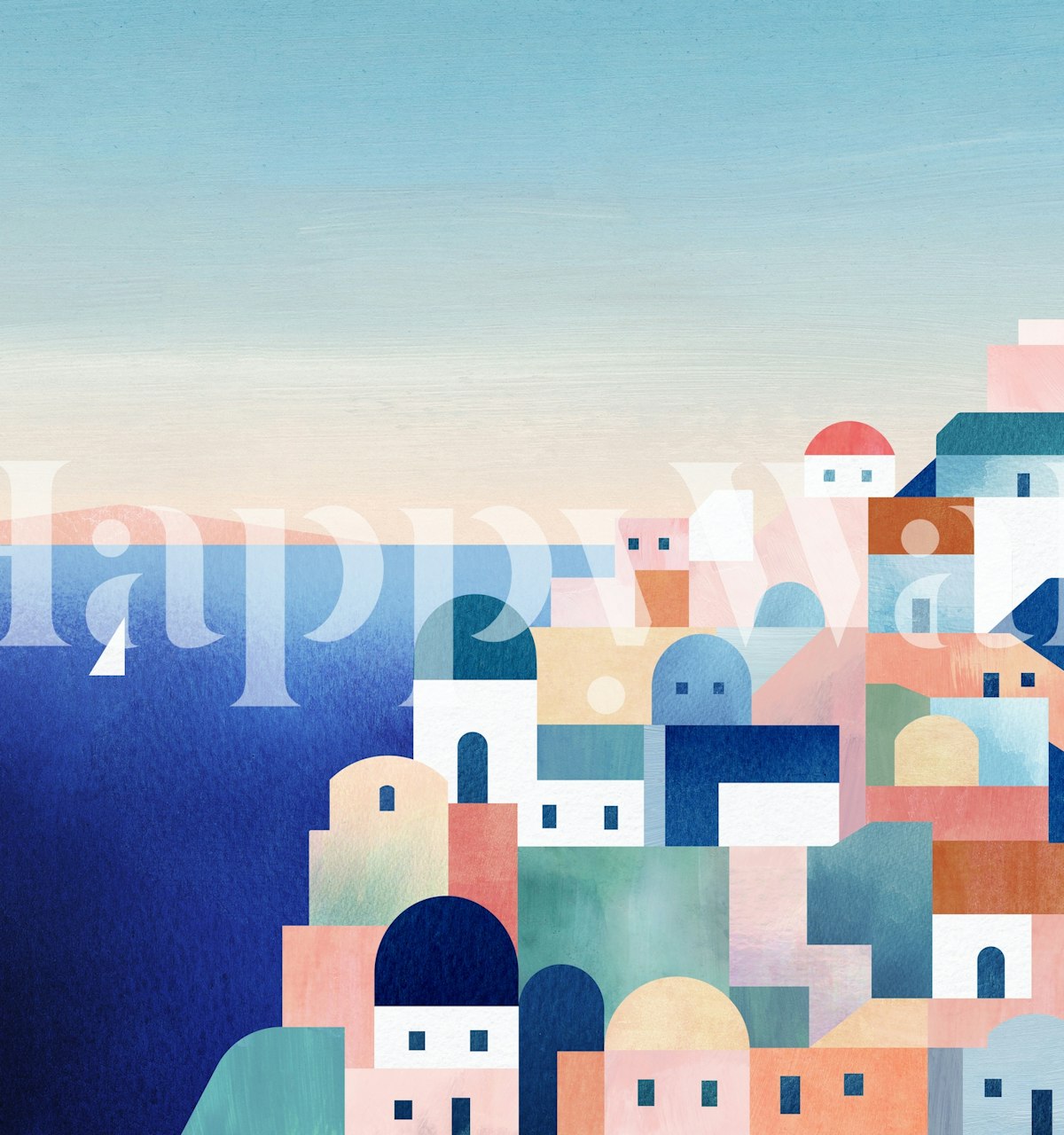 Minimalist Santorini cityscape with colorful houses and blue sea wallpaper