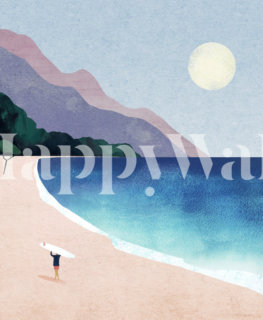 Plage avec surfeur, mer bleu clair, montagnes violettes, style mural