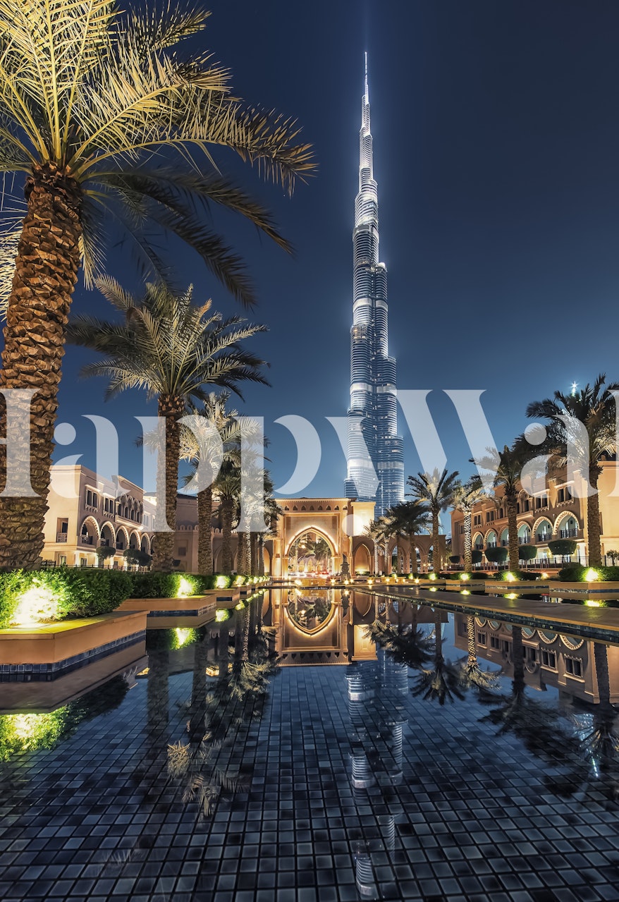 Burj Khalifa night view wallpaper featuring palms and reflections