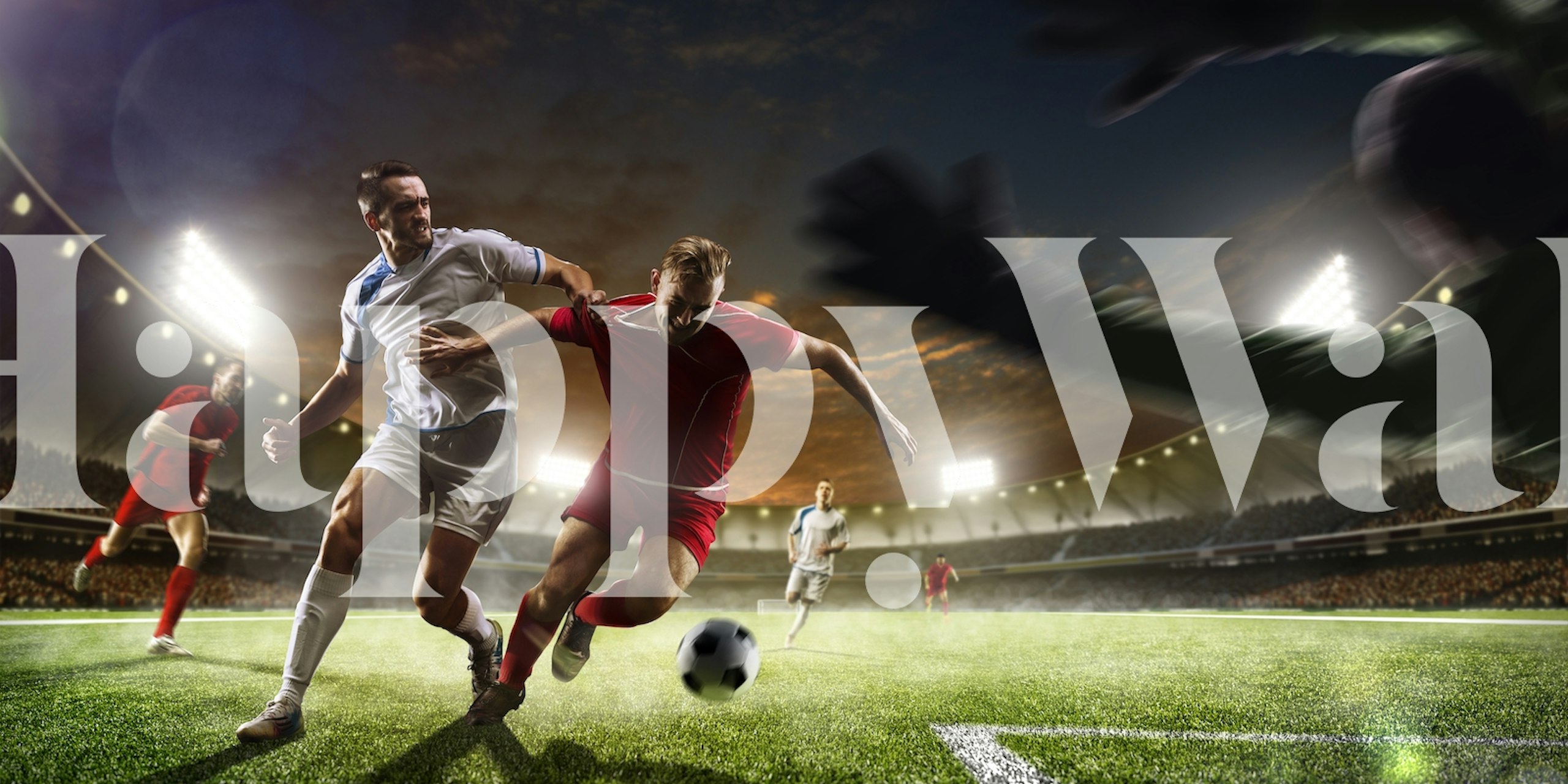 Soccer players in action on a field, vibrant colors wallpaper