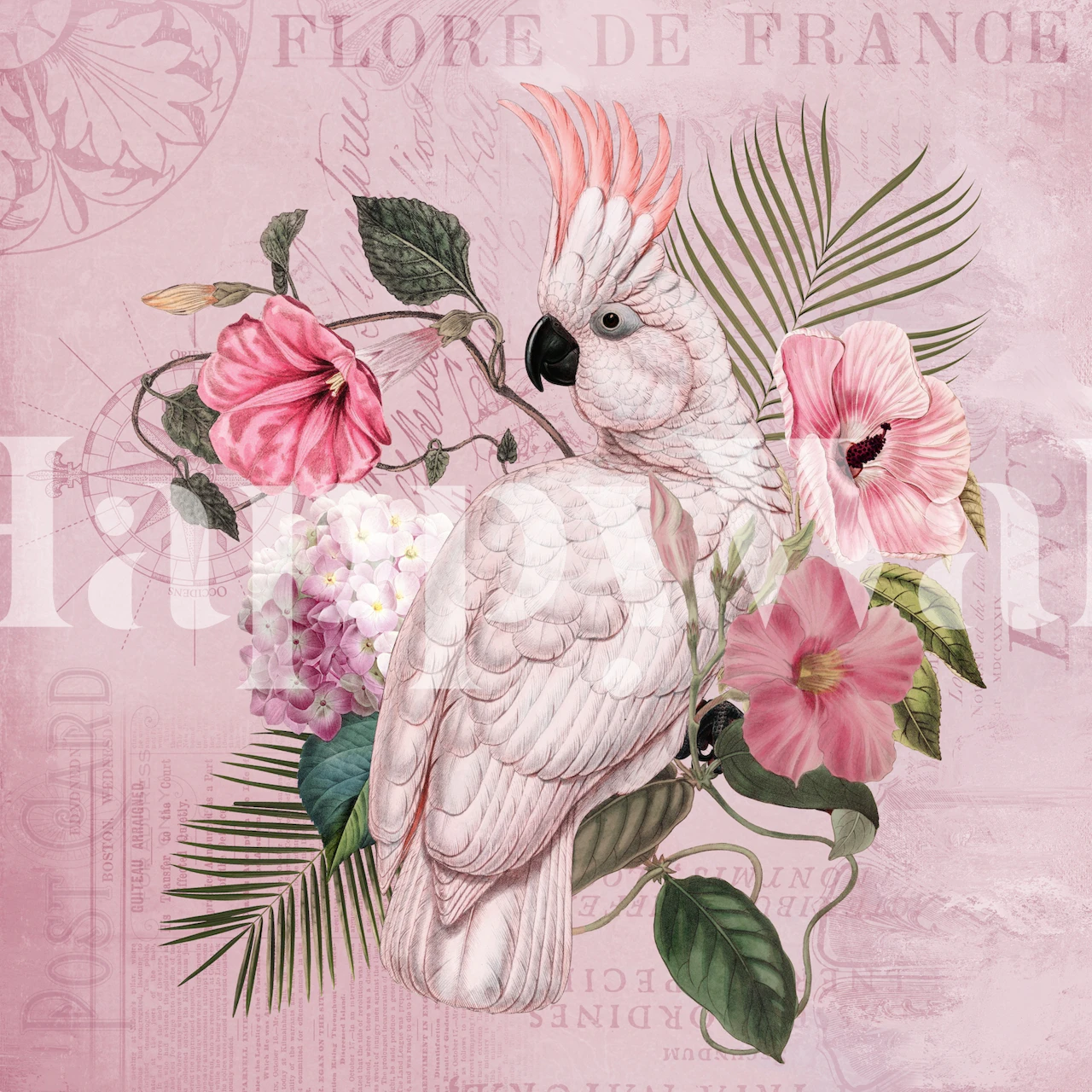 Pink cockatoo surrounded by flowers and leaves on wallpaper