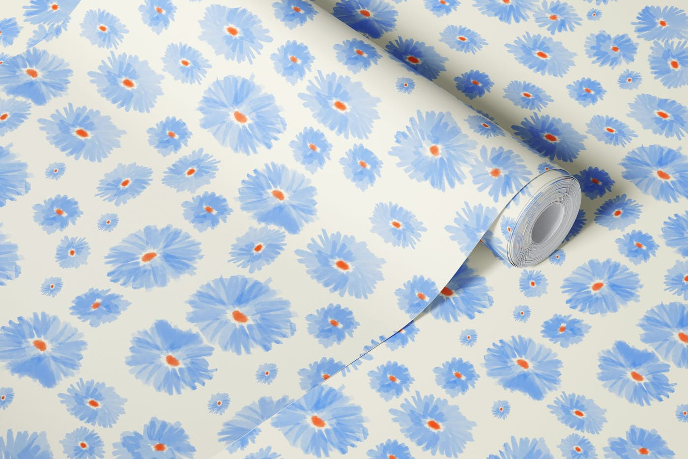 Blue flowers with orange wallpaper roll