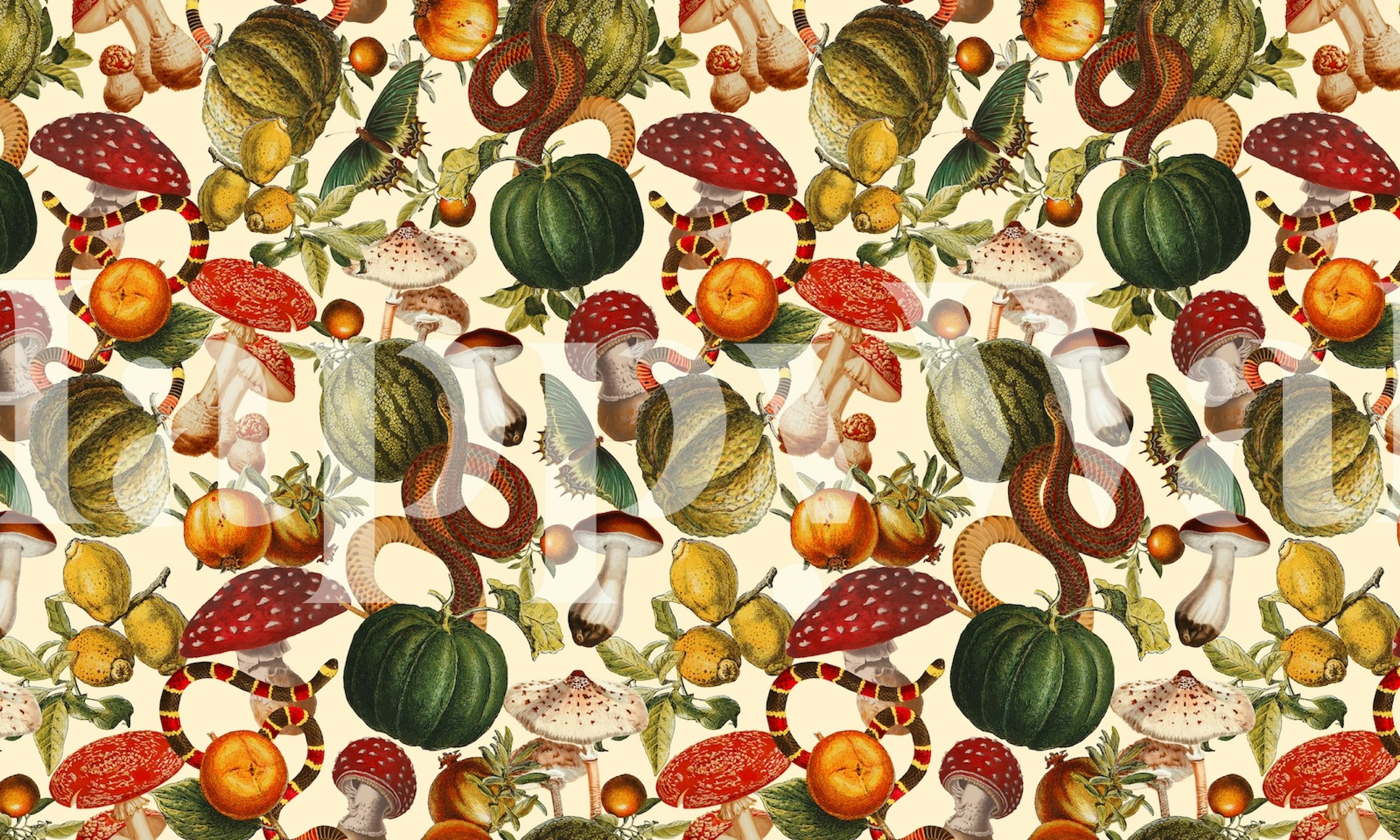 Colorful mushroom and fruit pattern wallpaper