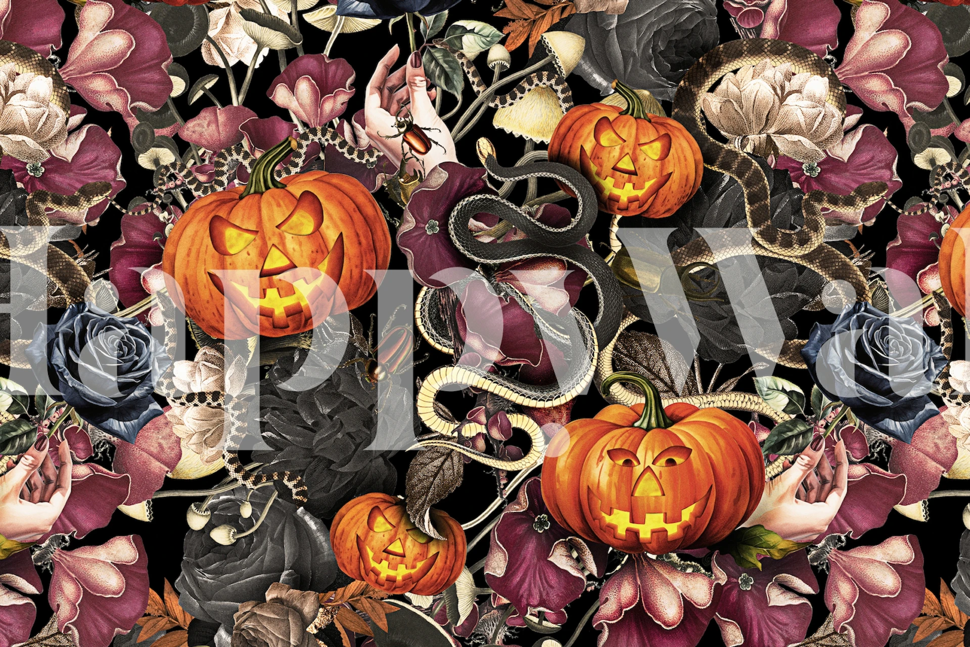 Fototapeta z motywem Halloween z rzeźbionymi dyniami i wężami na ciemnym kwiatowym tle