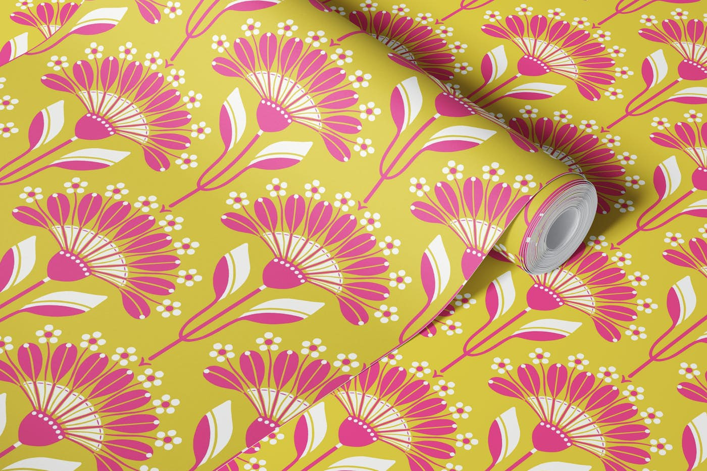 Little Daisy - Empire Yellow / Hot Pink wallpaper roll