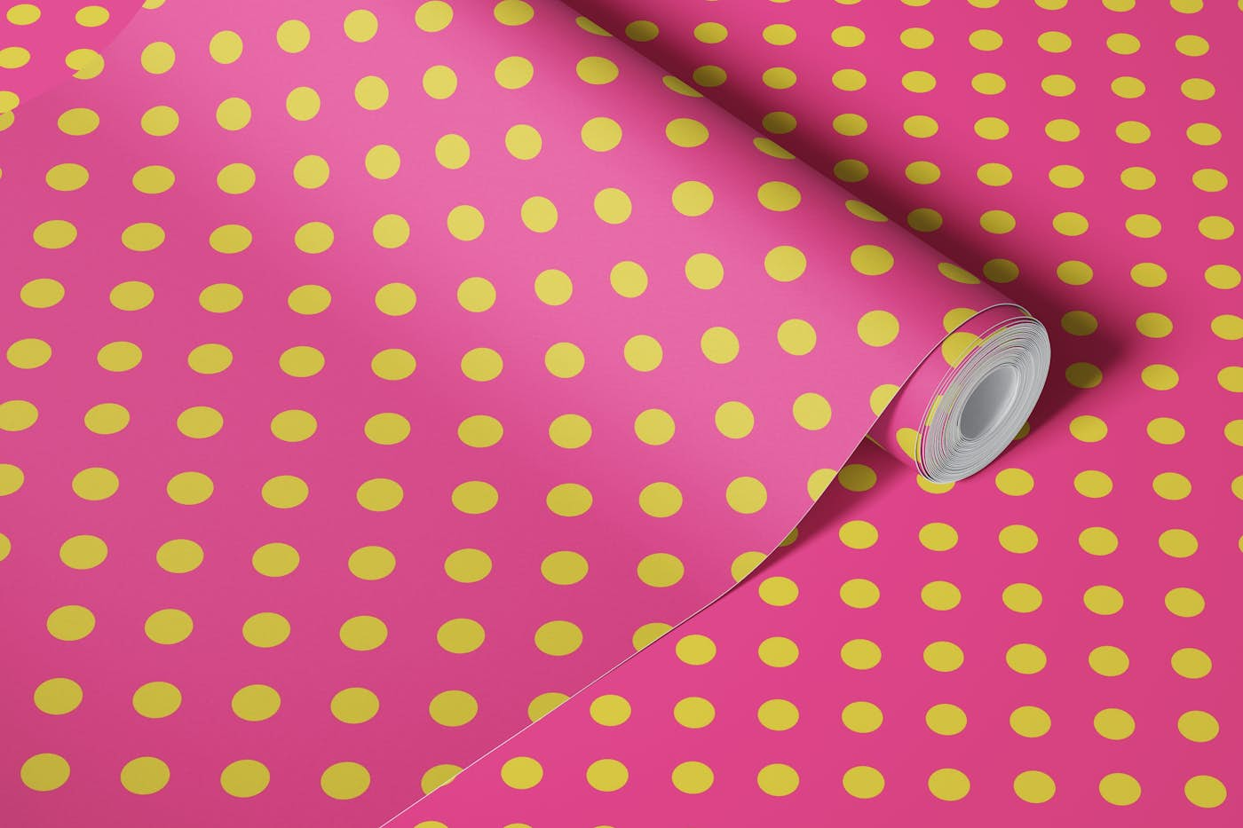 70s Polka Dots - Empire Yellow on Hot Pink wallpaper roll