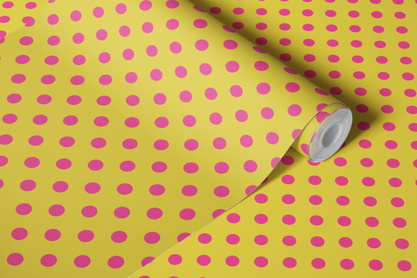 70s Polka Dots - Hot Pink on Empire Yellow wallpaper roll