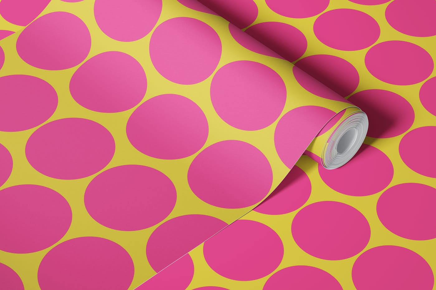 70s Big Dots - Hot Pink / Empire Yellow wallpaper roll