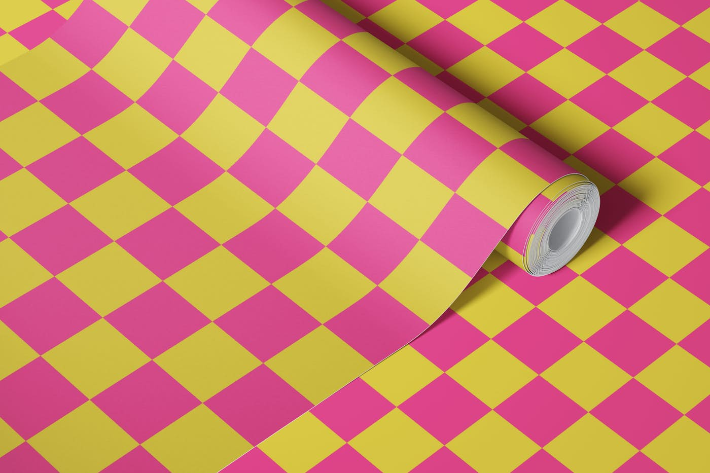 70s Checkerboard - Hot Pink / Empire Yellow wallpaper roll