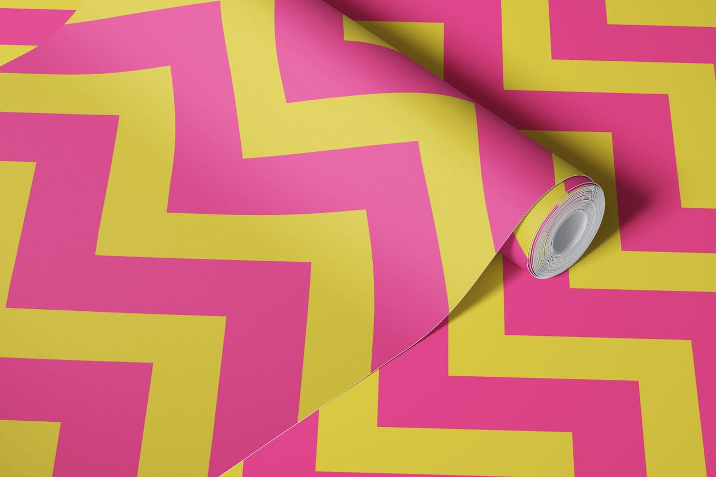 70s Full Chevron - Empire Yellow / Hot Pink wallpaper roll