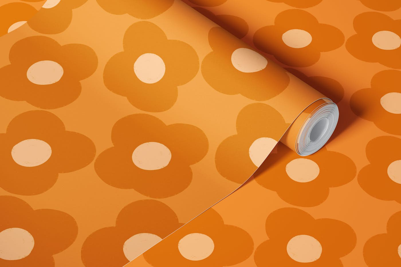 70s Modern Daisy Floral Orange Peach wallpaper roll