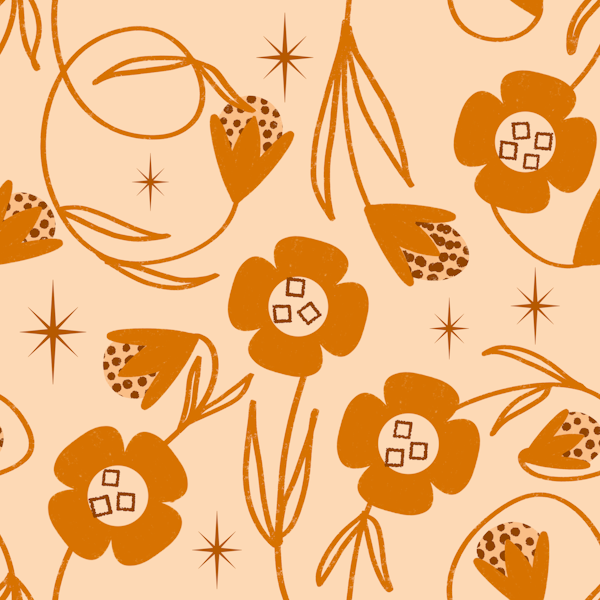 70s Modern Floral Vines Orange Peach