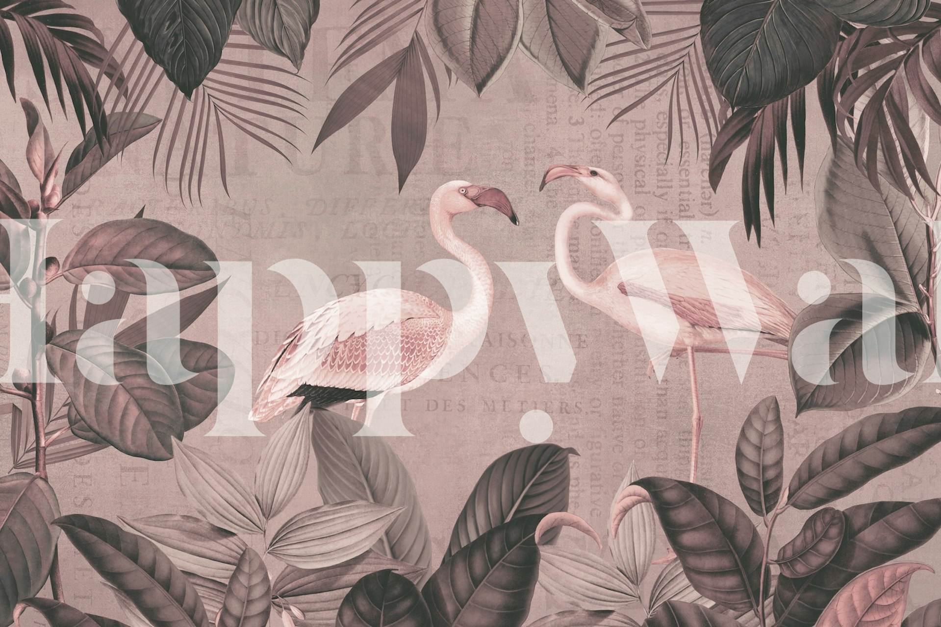 Sepiakleurige vintage flamingo en tropische bladeren muurschildering met ouderwetse typografie