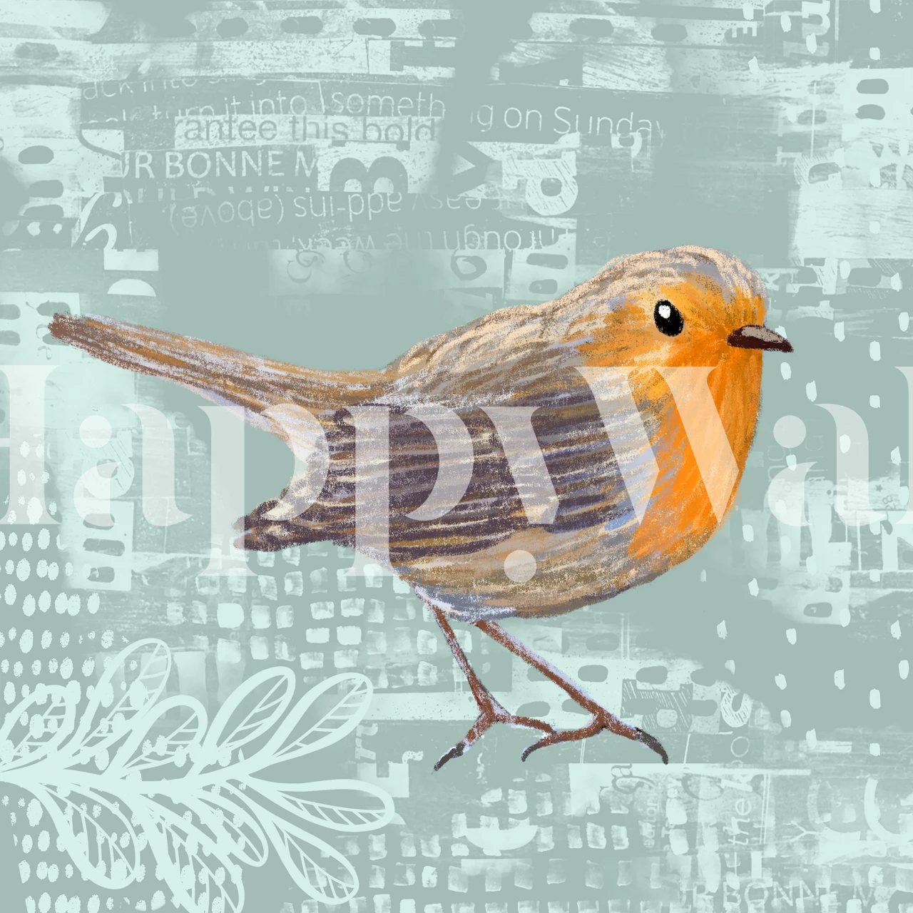 Cute robin bird with orange chest on teal abstract background wallpaper