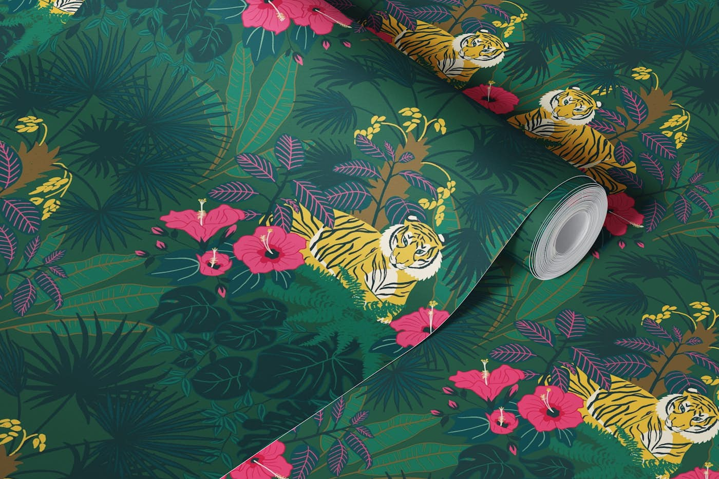 Proud Tiger - Javan Green - Jungle print with tigers, palms, monstera and hibiscus wallpaper roll