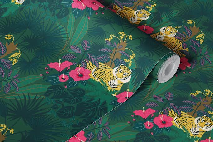 Proud Tiger - Javan Green - Jungle print with tigers, palms, monstera and hibiscuswallpaper roll