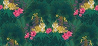 Proud Tiger - Javan Green - Jungle print with tigers, palms, monstera and hibiscus tapete