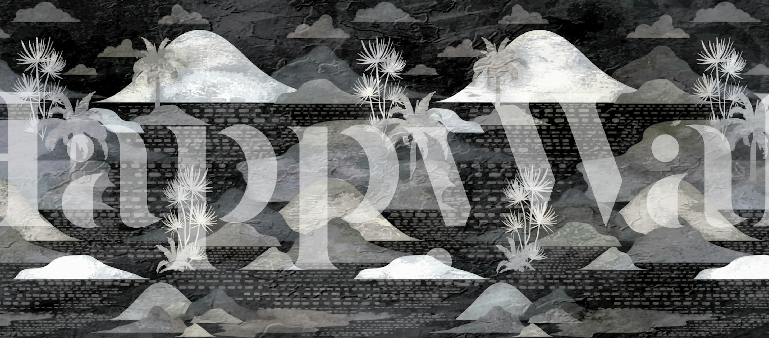 Black and white landscape wallpaper featuring mountains and palm trees in a grunge style.