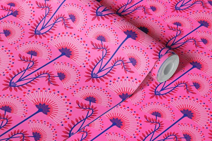 MIMOSA Art Deco Floral - Fuchsia Pink - Smallwallpaper roll