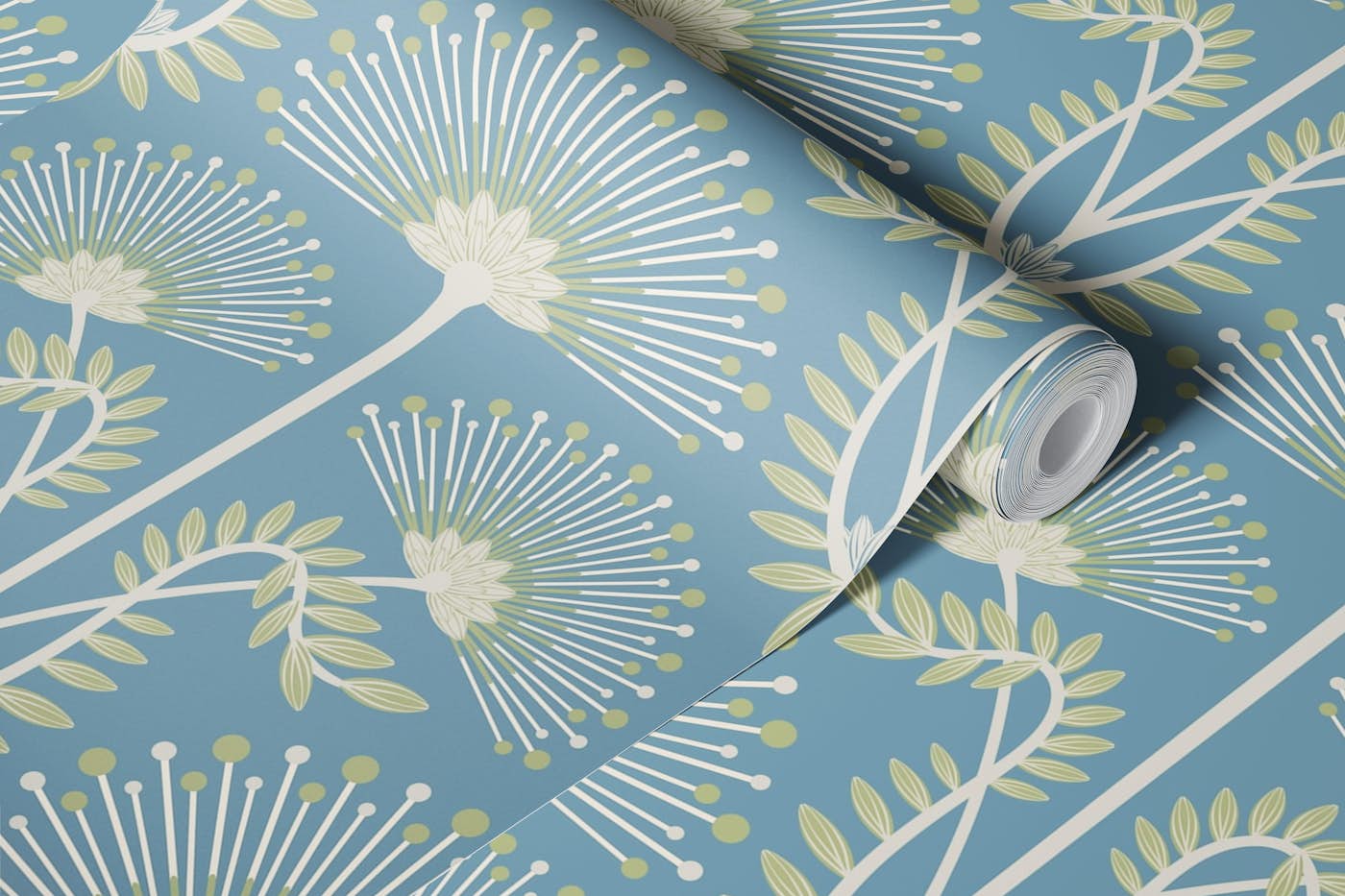 Mimosa Art Deco Floral - Light Blue - Large wallpaper roll