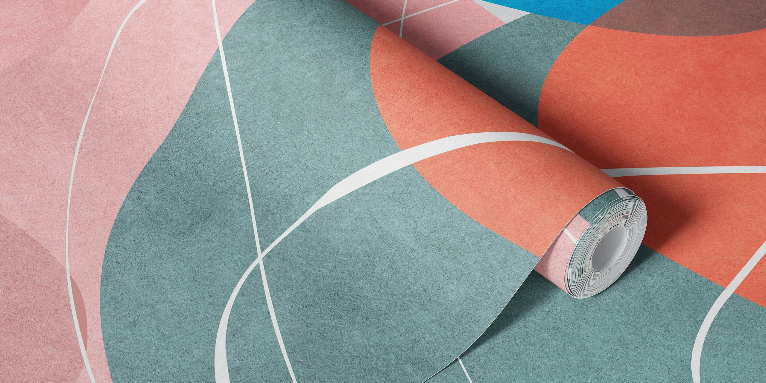 Colorful overlapping shapes in blue, orange, pink, and brown abstract wallpaper