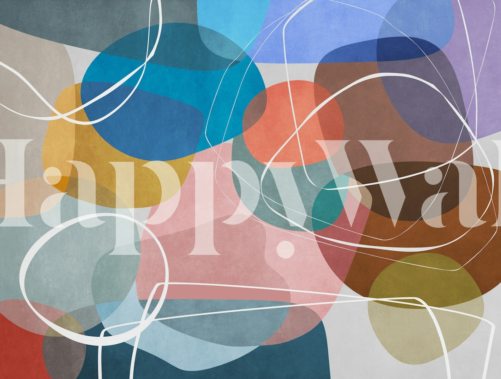 Colorful overlapping shapes in blue, orange, pink, and brown abstract wallpaper