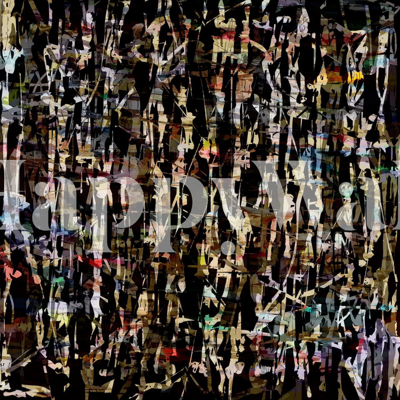 Abstract expressionist style wall mural with a complex pattern of drips and splatters in a variety of colors
