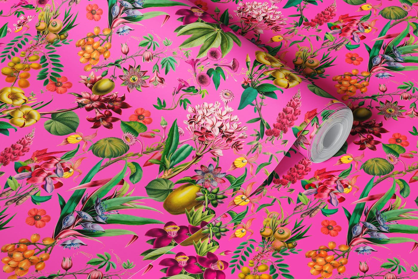 Tropical Jungle Flower And Fruit Garden Pattern On Pink wallpaper roll