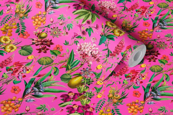 Tropical Jungle Flower And Fruit Garden Pattern On Pinkwallpaper roll