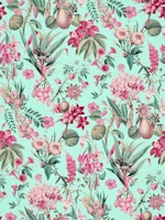 Tropical Jungle Flower And Fruit Garden Pattern In Pink And Teal wallpaper