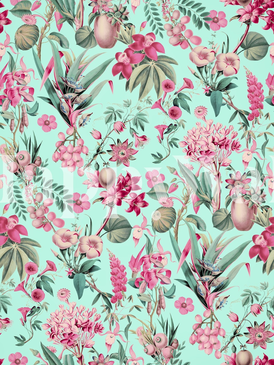 Tropical Jungle Flower and Fruit Garden Pattern In Pink And Teal i et rom