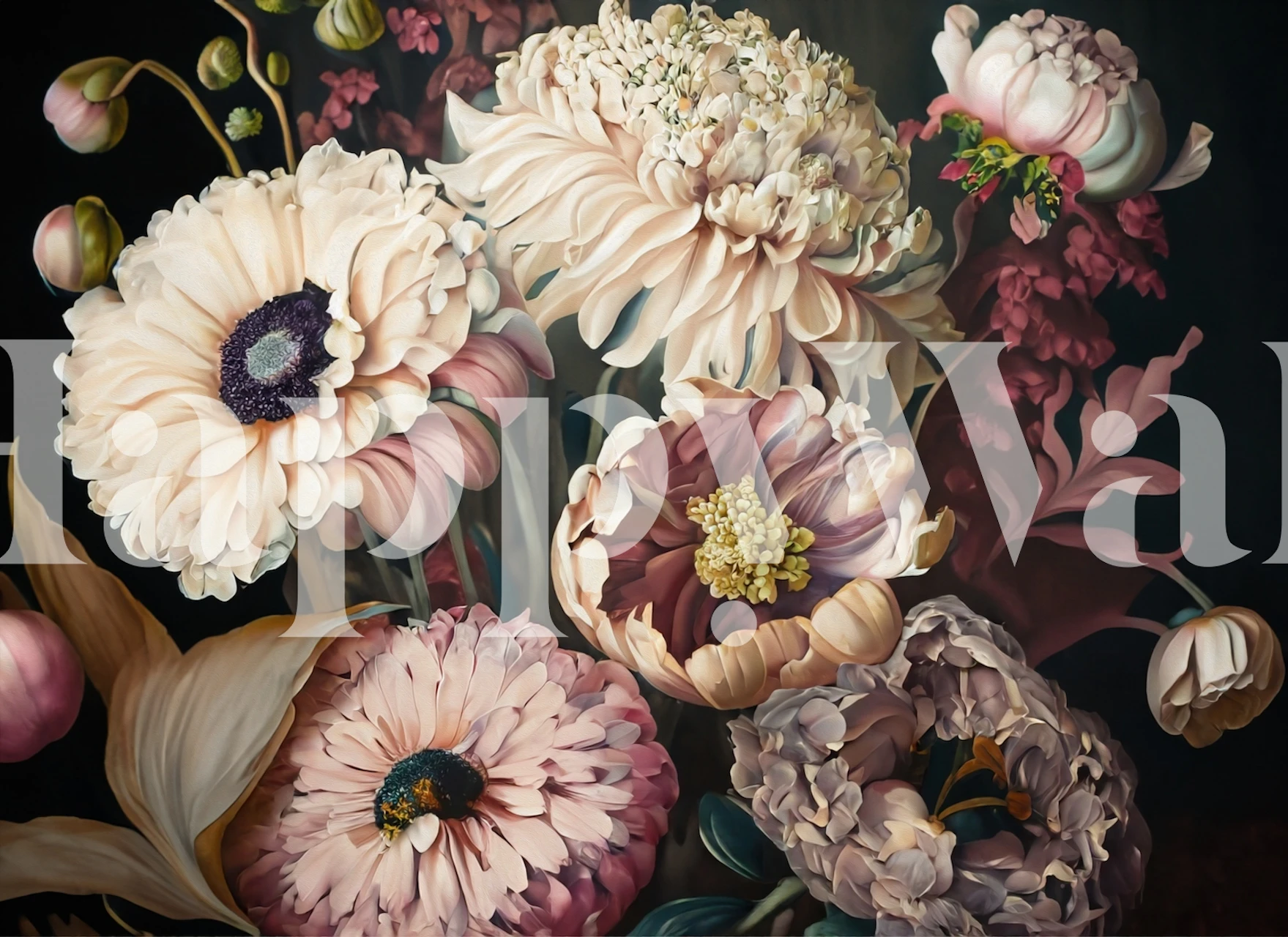 Large floral composition in soft colors on black wallpaper