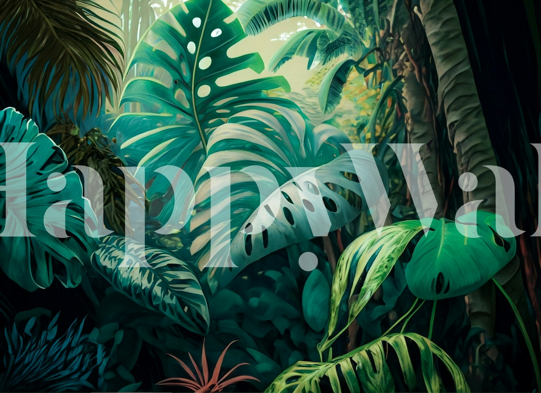 Lush tropical foliage with green monstera leaves wall mural