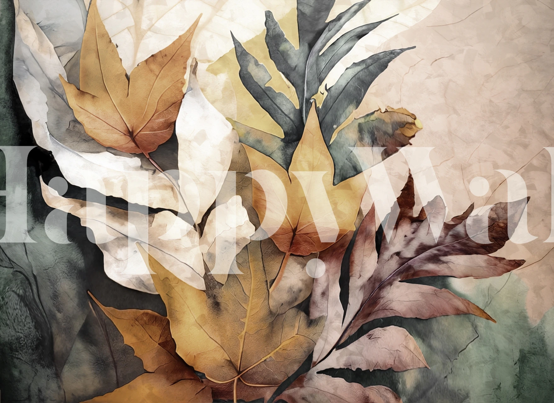 Watercolor autumn leaves in warm tones on textured background wallpaper