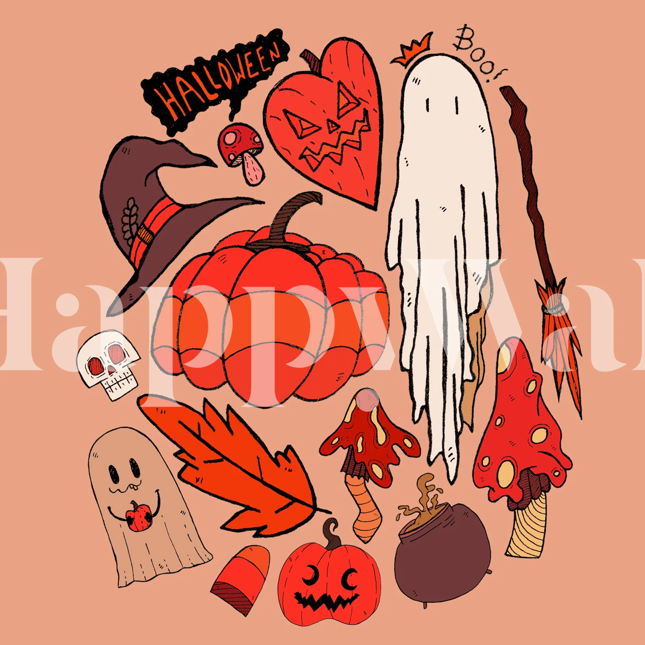 Halloween-themed wall mural with pumpkins, ghosts, and mystical elements