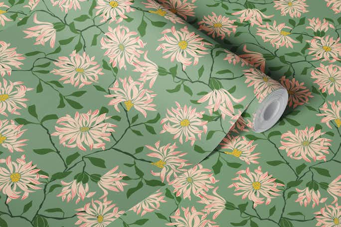 Cottage flowers chrysanthemums – greenwallpaper roll