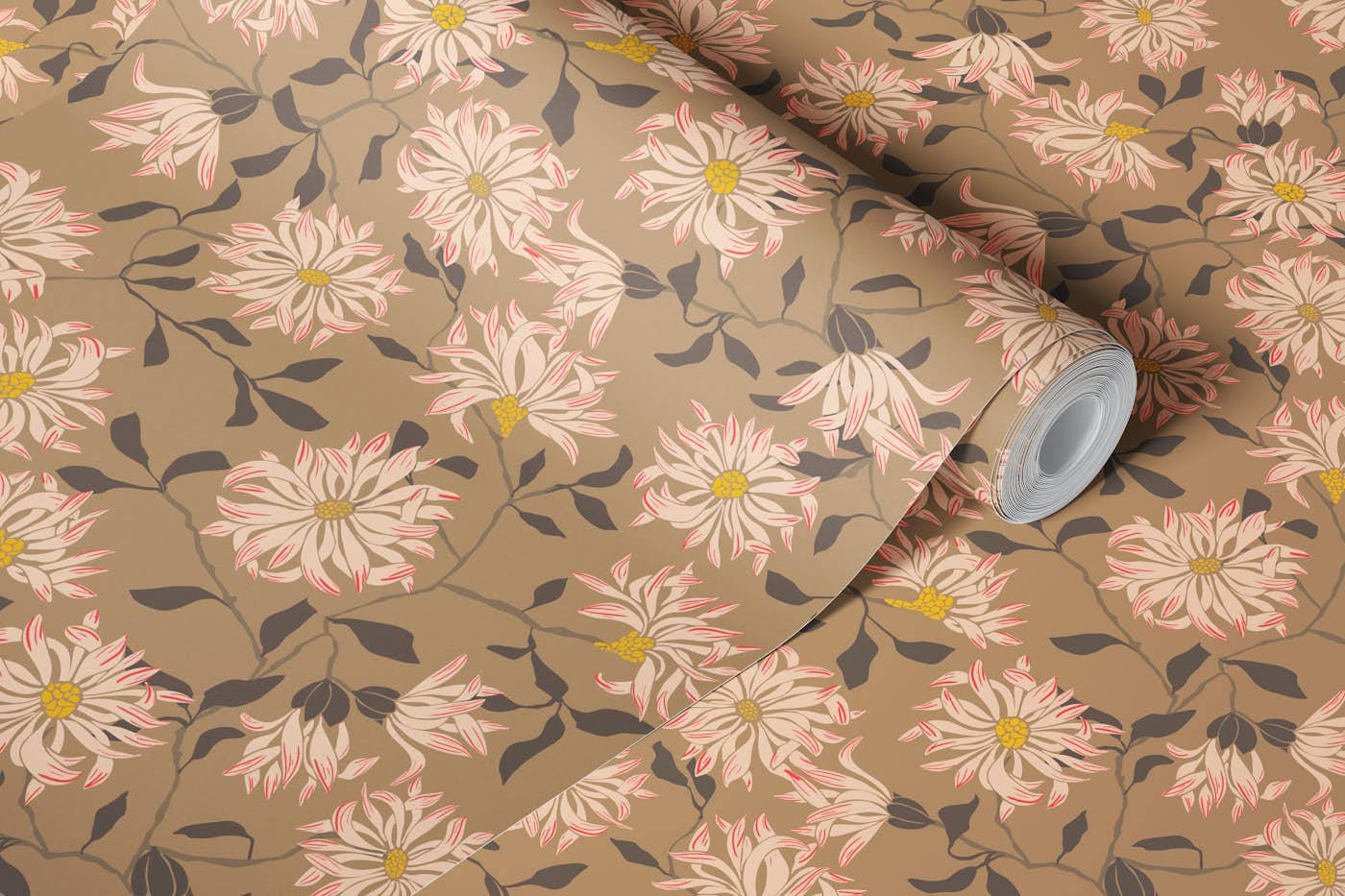 Cottage flowers chrysanthemums – soft brown wallpaper roll