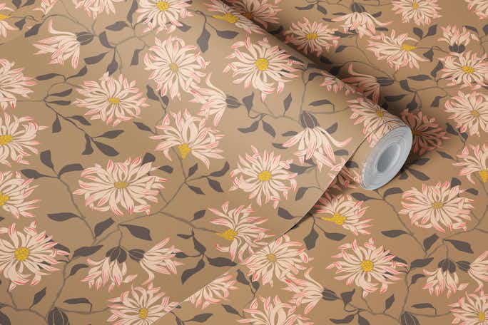 Cottage flowers chrysanthemums – soft brownwallpaper roll