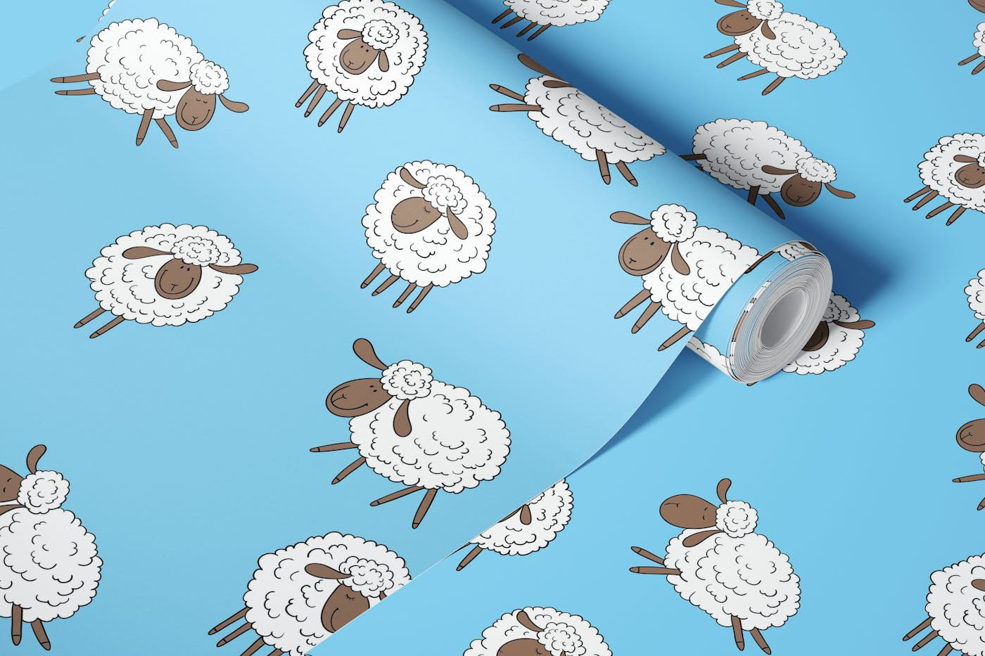 Counting sheep on baby blue wallpaper roll