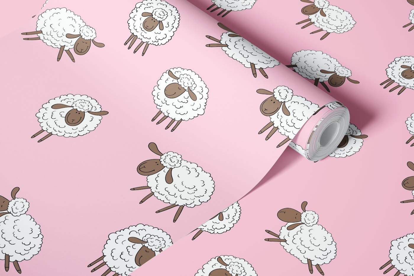 Counting sheep on baby pink wallpaper roll