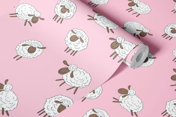 Counting sheep on baby pinkwallpaper roll