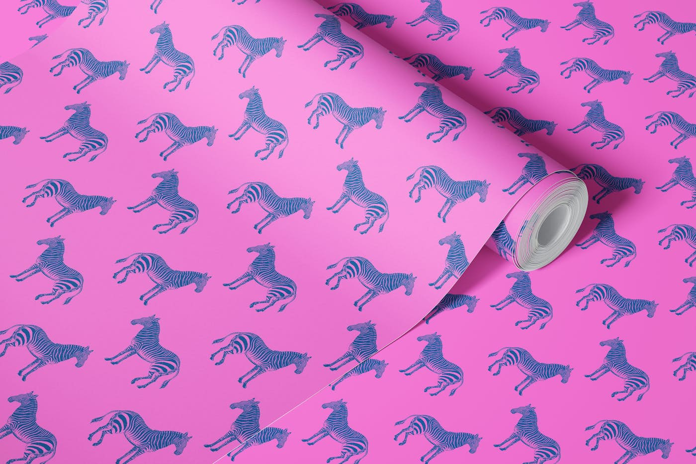 Hot Pink and Blue Zebra Block Print Pattern wallpaper roll