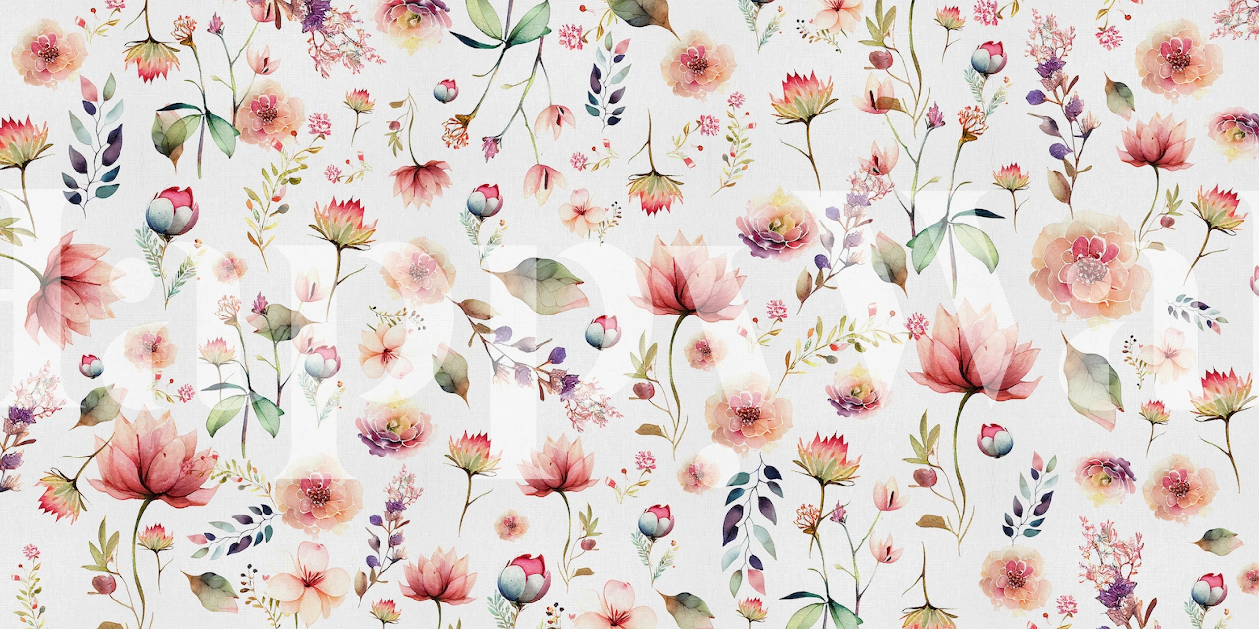 Mural De Pared Floral Botanic White Con Flores Y Vegetación De Color Rosa Claro