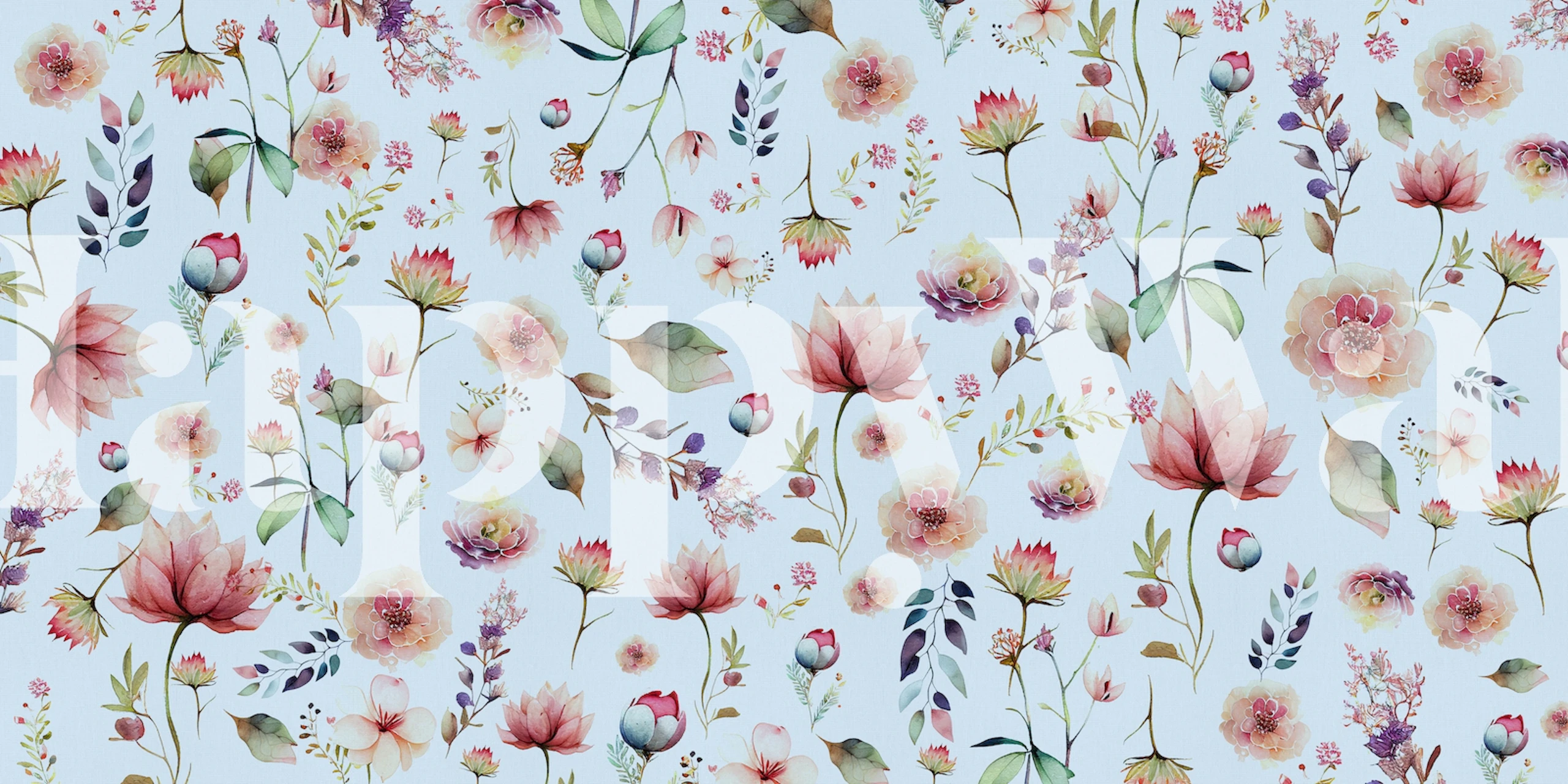 Delicato murale con motivi floreali con blu tenui e rosa cipria