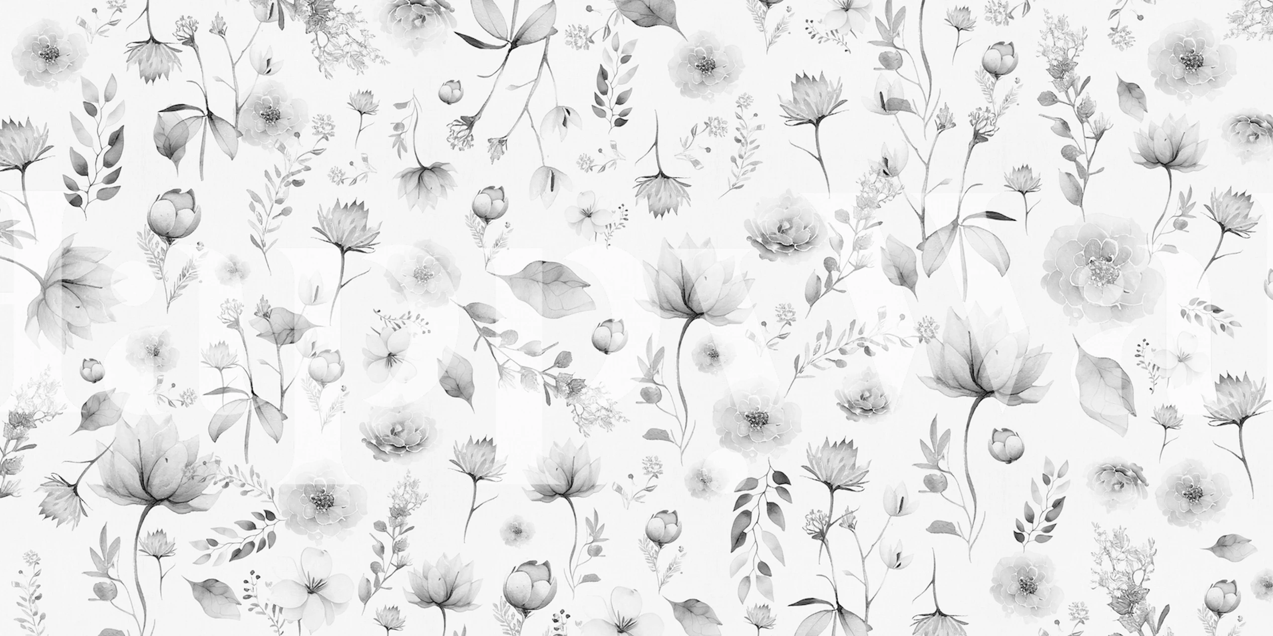 Zwart-witte botanische fotobehang met bloemen en ingewikkelde bloem- en plantpatronen