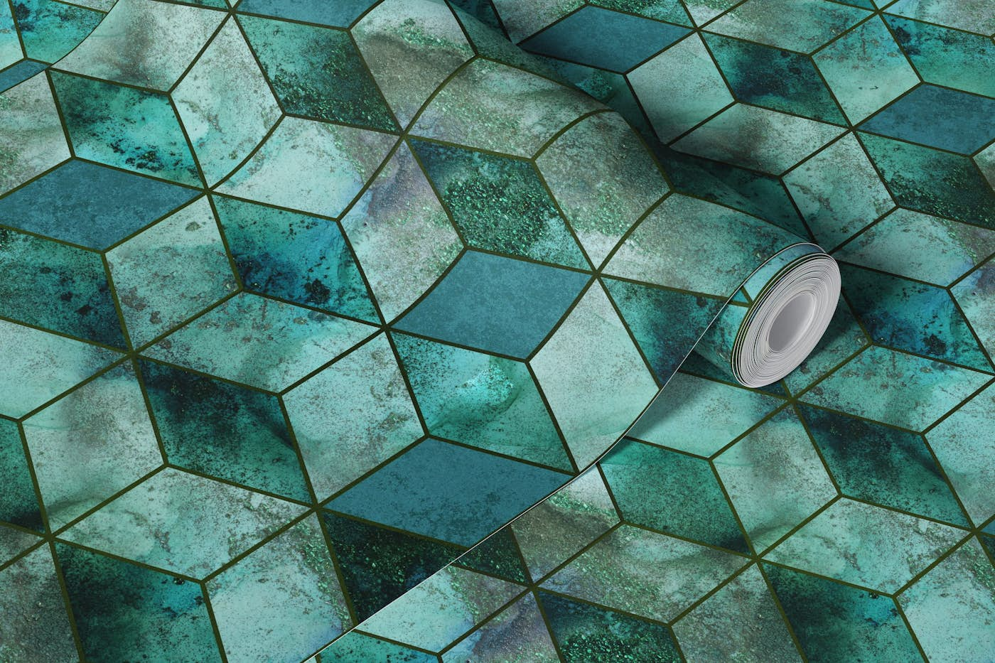 Cubics Modern 3D Geometry Pattern Emerald Teal wallpaper roll