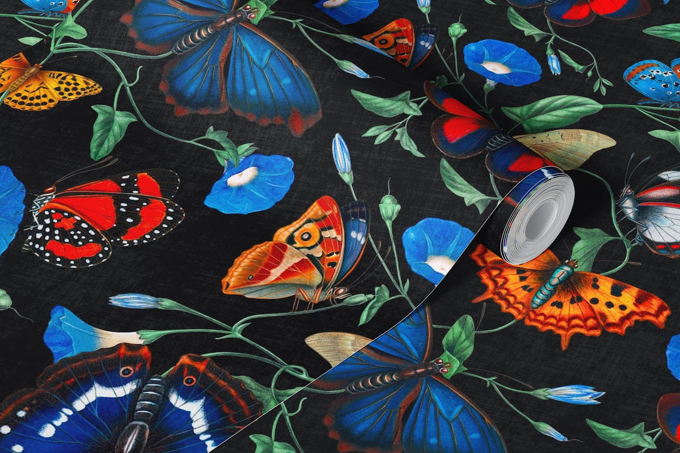 Papillonia - Morning Glory with Butterflies in black wallpaper roll