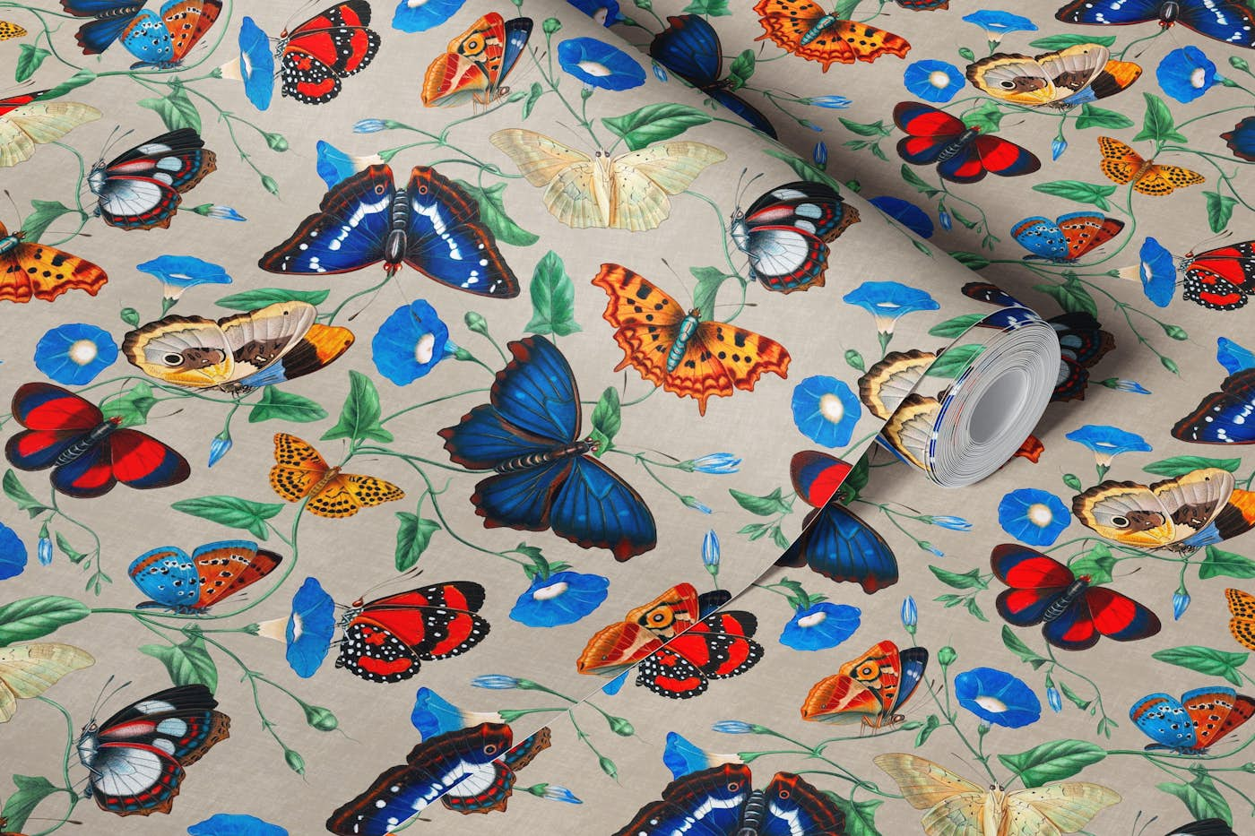 Papillonia - Morning Glory with Butterflies in Greige SMALL wallpaper roll