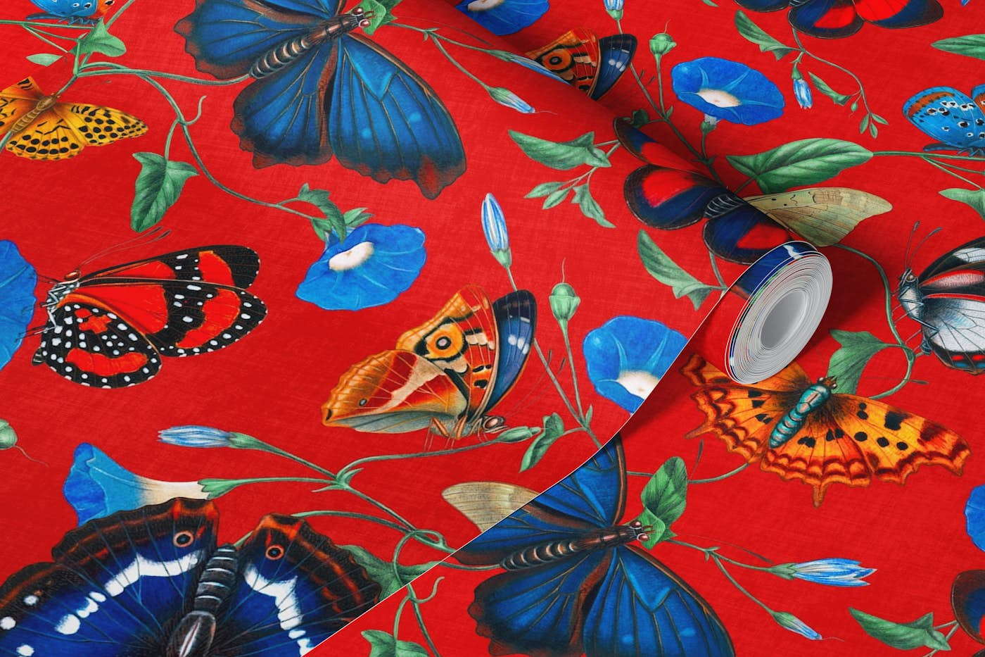 Papillonia - Morning Glory with Butterflies in Red wallpaper roll